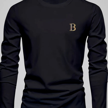 Men's 100% pure cotton loose and fashionable letter pattern printed sports and leisure round neck long sleeved T-shirt