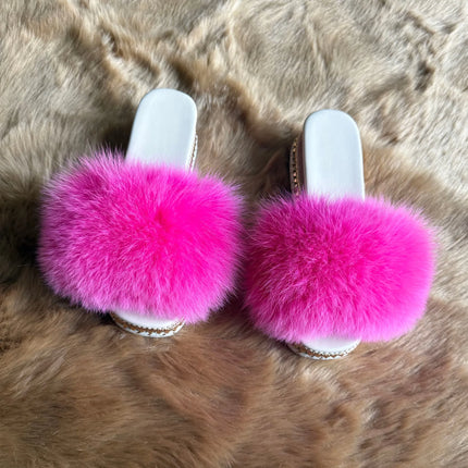 Fluffy Furry Fox Fur Slippers for Women Studded High Heels Winter Warm Plush Home Slippers Woman Outdoor Platform Shoes Slides