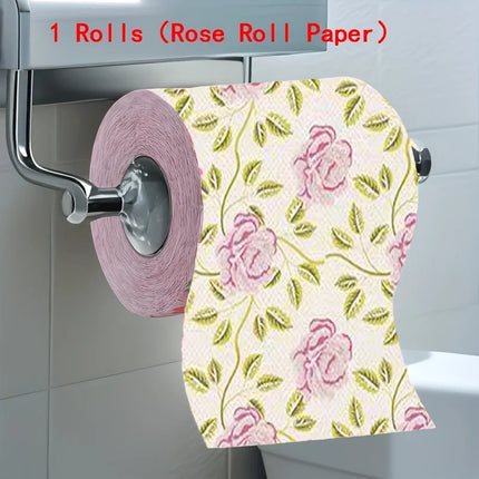 1 Roll Rose Printed Toilet Paper, Bamboo & Wood Pulp Creative Printed Roll Tissue for Home Bathroom