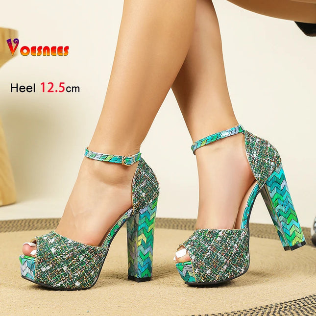 12.5CM Thick Heels Summer Fashion Women's Platform Sandals Sexy Peep Toe Europe and America Ankle Strap Party High Heeled Shoes
