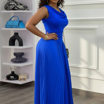 Women Sleeveless Cowl Neck Pleated Maxi Dress For Formal Evening Wedding Guest Prom And Banquet Occasion