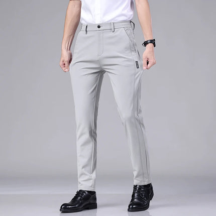 Ultra-thin Elastic Men's Casual Trousers Summer Quick-drying Ice Silk Slim Straight Business Solid Color Trousers Black Gray