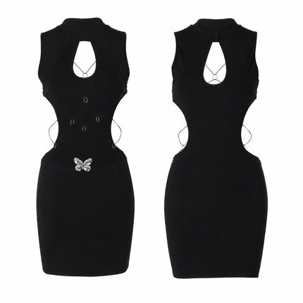 Women Bodycon Mini Dress High Neck Keyhole Cutout Sides Lace‑Up Back with Butterfly Charm Ruched Sleeveless Party Clubwear Nightout Dresses