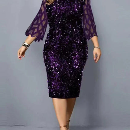 New Party Dress Plus Size Ladies Midi Sequin Mesh Long Sleeve Lace Elegant Bodycon XL-4XL 5XL Evening Dresses Woman Summer 2023