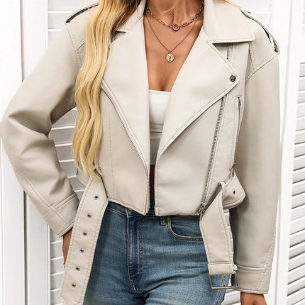 Ailegogo Spring Autumn Women Faux Pu Leather Short Jacket with Belt Motorcycle Biker Female Zipper Lapel Loose Coat Outwear