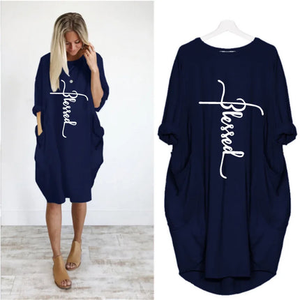 Plus Size Women Short Sleeve O-Neck Loose Casual Dresses Casual Short Sleeve Shirt Mini Dresses Round Neck Pockets Sexy Female T