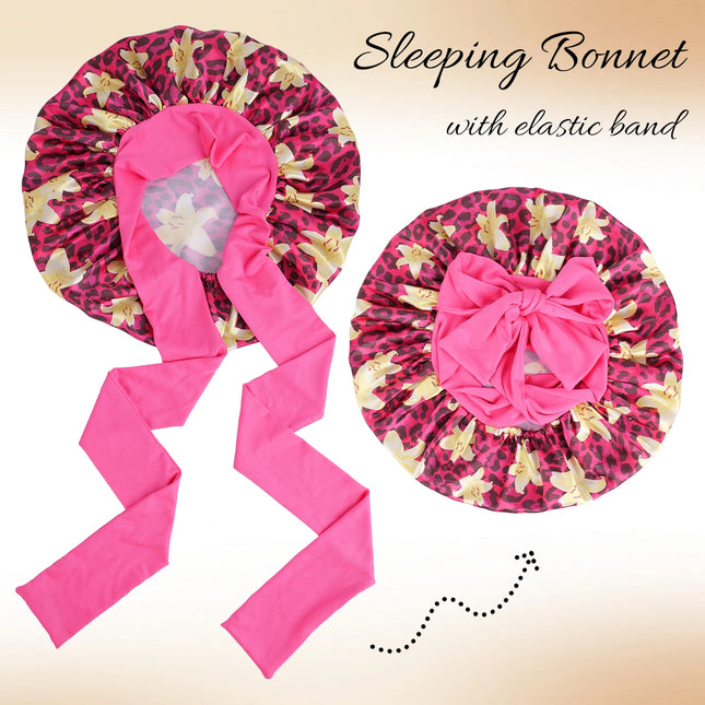 1pc Adjustable Sleep Hair Bonnet, Leopard and Lily Flower Printed Caps for Women, Adjustable Large Night Cap with Long Band