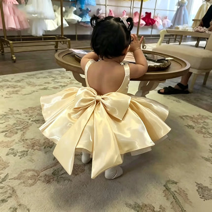 Wedding Mini Flower Girl Dress 2026 Satin Sleeveless Backless Bow Short Tutu Dress Baby Princess Dress Formal Party Dress Custom
