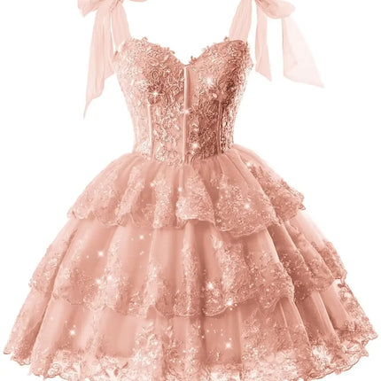 Sparkly Tiered Lace Tulle Homecoming Dresses Short Bow Straps Formal Prom Gowns Sweet 16