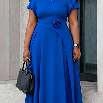 Mlaiscsr Women V Neck Ruffle Sleeve Elegant Work A-Line Midi Dresses Formal Flowy Midi Dress with Flower Waist Detail Church