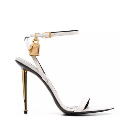 Buckle Strap Solid Color Key Lock Decoration Women Sandals Fashion Show Pointed Toe Ladies Shoes Golden Stiletto Sandals Women