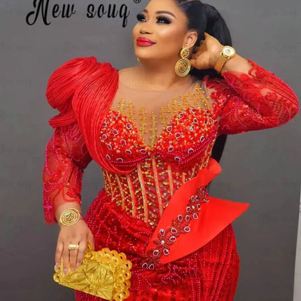Luxury Red Long Party Dress Beaded Sequins Aso Ebi Bride Evening Night Gown for Wedding Custom Plus Size Prom Dresses Customized