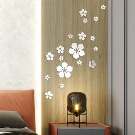 18Pcs 3D Flower Mirror Wall Stickers Acrylic TV Background Art Mural Bedroom Decor Self-adhesive Decorative Mirrors Home Decor