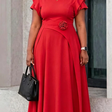 Mlaiscsr Women V Neck Ruffle Sleeve Elegant Work A-Line Midi Dresses Formal Flowy Midi Dress with Flower Waist Detail Church