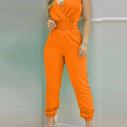 Summer Women Jumpsuits Elegant Office Lady Sexy V-neck Sleeveless Print Jumpsuits New Fashion With Belt Vest Playsuit Streetwear