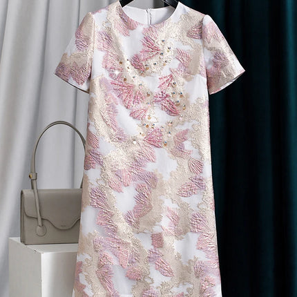 Women Pink Organza Beaded Dress Round Neck A Line Elegant Luxury Party Fashion Chic Summer Formal Dress