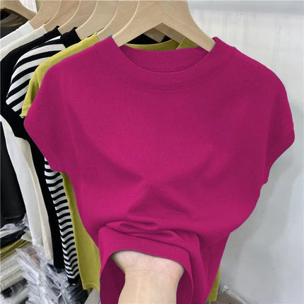 Women's T-shirt Summer O Neck Knitted Fashion Woman Blouse 2026 Short Sleeve Tees Solid Color Ice Silk Oversized T-shirt Women