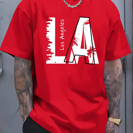 Men's summer 100 cotton fashionable casual loose plus size Los Angeles letter printed sports round neck short sleeved T-shirt