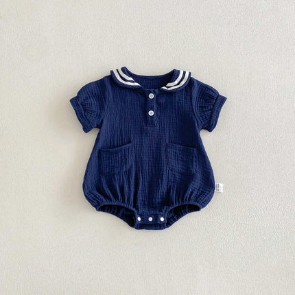 Summer Baby Boys and Girls Navy Collar Short-Sleeved Jumpsuit Newborn Fashion Large Lapel Jumpsuit for Going Out