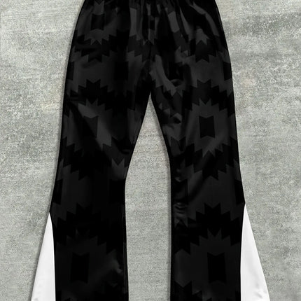 Men's Casual Street Style Trendy Cross Print Fashionable Slightly Flared Black and White Color-Block Design Sweatpants Men Pants