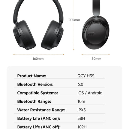 QCY H3S Over Ear Headphone Hi-Res LDAC Spatial Sound Headset H3S -56dB Adaptive ANC Wireless Earphone Bluetooth 6.0 102Hrs