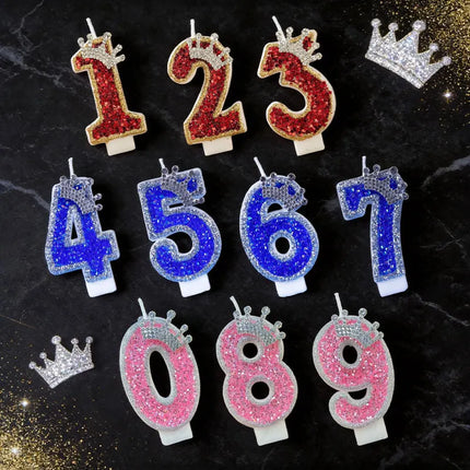 Crown Candles New Creative Number 0-9 Pink Blue Red Birthday Wedding Party Cake Decoration Handmade Crown Powder Sequin Cake Dec