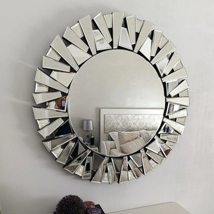 79cm Round Wall Mirror Large Accent Mirror Modern Home Art Accent Decor Mirror with Beveled Frame Bathroom Bedroom Livingroom