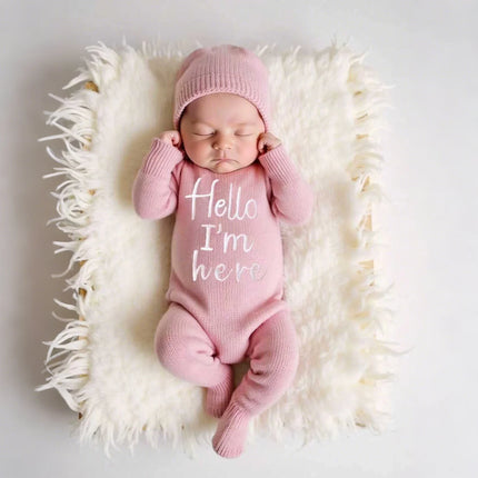 Ylsteed “Hello I'm Here‘ Knitting Newborn Photography Romper with Hat Baby Boy Girl Sweater Photo Shooting Coming Home Outfit-HD