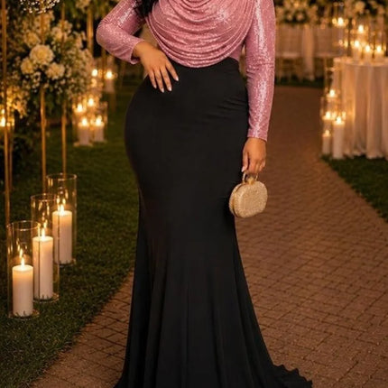 Women Sequin Long Sleeve Maxi Dress Pink Cowl Neck Draped Top Black Mermaid Skirt Bodycon Dresses Evening Wedding Guest Formal