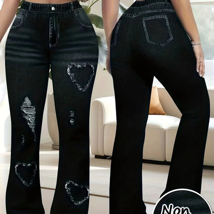 Retro Plus Size Flare Pants, Y2K Heart Print Bell Bottom Leggings, High Waist Stretchy Chic Trousers for Streetwear