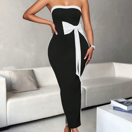 Ladies Fashion Elegant Color Block Knot Design One Shoulder Dress Stylish Graceful Versatile Butterfly Bow Dress for Women