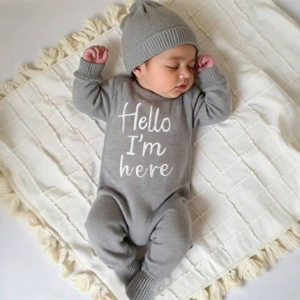 Ylsteed “Hello I'm Here‘ Knitting Newborn Photography Romper with Hat Baby Boy Girl Sweater Photo Shooting Coming Home Outfit-HD
