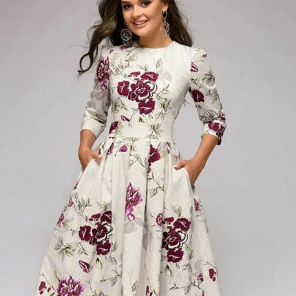Vintage pleated tunic print dress women Elegant ladies A line dresses Long sleeve female autumn mixi party dress vestidos