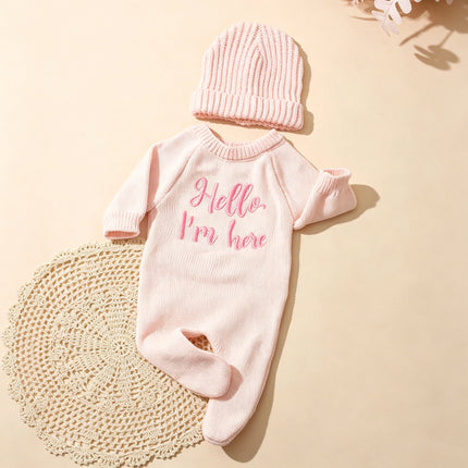 Ylsteed “Hello I'm Here‘ Knitting Newborn Photography Romper with Hat Baby Boy Girl Sweater Photo Shooting Coming Home Outfit-HD