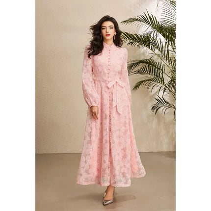 2026 Spring Autumn French High-end Women's Dress New Lace Embroidery Stand Lantern Sleeves Single Breasted Party Birthday Dress