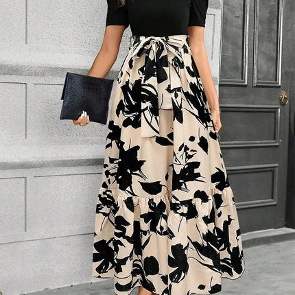 Elegant Floral Print Round Neck Long Dresses Women Short Sleeve High Waist Lace-up Office Lady Holiday Party Dresses Vestidos