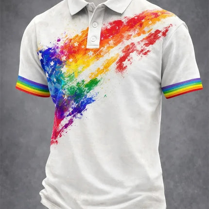 Men's Solid-Color Summer Casual Breathable Polo Shirt Rainbow Collar Fashion Polo Shirt Men's Striped Short-Sleeve Shirt