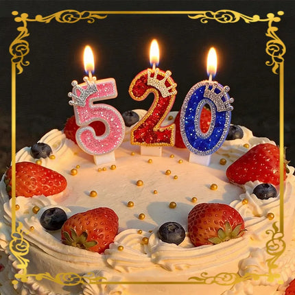 Crown Candles New Creative Number 0-9 Pink Blue Red Birthday Wedding Party Cake Decoration Handmade Crown Powder Sequin Cake Dec