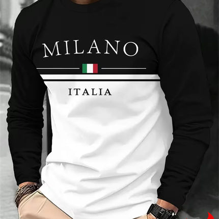 Italia Milano Letter Pattern Print Men T-Shirt Fashion Spring and Autumn Long Sleeve Casual Top Male O-Neck Loose Streetwear Tee