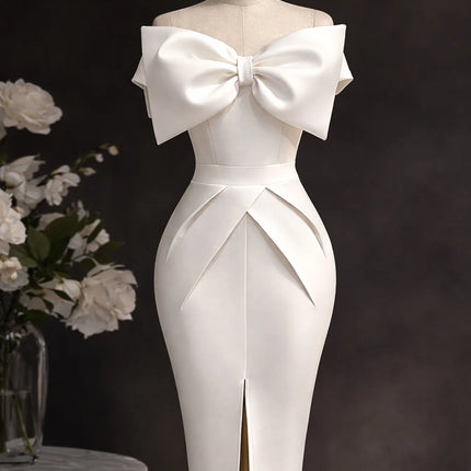 Elegant Dresses for Women New Style Off the Shoulder Bow Decorate White Solid Sheath Package Hips Front Split Mid Calf Dress New