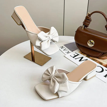 2026 Summer Square Heels Slippers Women Mules Green Butterfly-knot Slides Sandal Shoes Female Plus Big Size 45