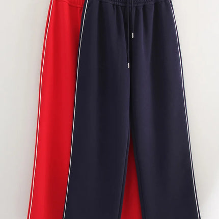 Women Sweatpants Cotton Red Side Striped Sports Pants Straight Elastic Waist Pants For Women Navy Blue Sweatpants With Stripe