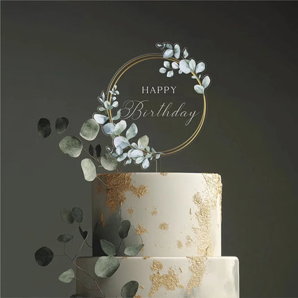Multicolor Happy Birthday Cake Toppers Acrylic MR&MRS Wedding Cake Toppers Transparent Floral Leaves Pattern