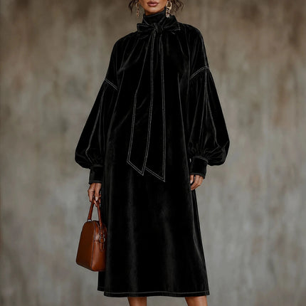 Women Solid Velvet Maxi Dress Bow Tie High Neck Lantern Long Sleeve Loose Dress Elegant Fall Winter Office Evening Party Dresses