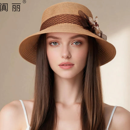 Fashion British bucket hat flower top hat women's summer sunshade sun protection hat foldable outdoor breathable sun hat