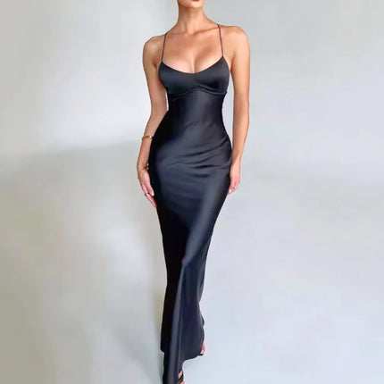 2026 Summer High Waist Slim Lady Dress Fashion Backless Women's Evening Dresses Slash Neck Spaghetti Strap Satin Dress Spring