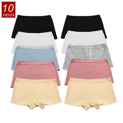 10PCS Women Boxers Underwear Ribbed Cotton Panties Sports Ladies Boyshorts Female Solid Color Cozy Lingerie Intimate
