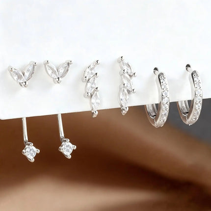 Luxury Huggie Stud Earrings Set, Marquise CZ Leaf Drop Dangle Stud Hoops Earrings, 3 Pair Jewelry