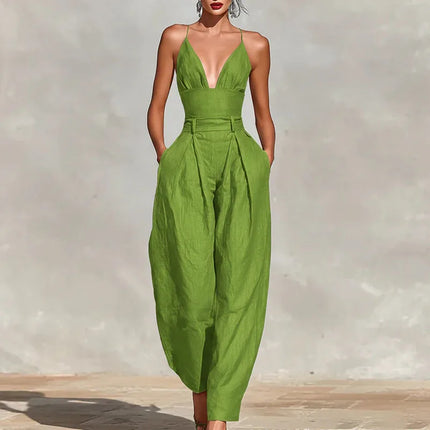Elegant Sexy V-Neck Spaghetti Strap Jumpsuit Women High Waist Wide Leg Casual Romper Spring Boho Solid Backless Pockets Overalls