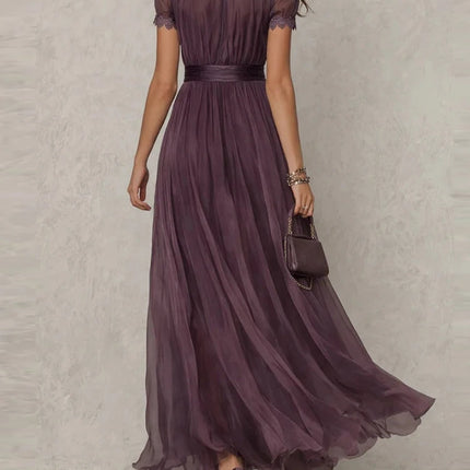 Vintage Solid Lace A-Line Long Dress Women's O Neck High Waist Pleated Party Dress Summer Short Sleeve Flowy Maxi Dresses